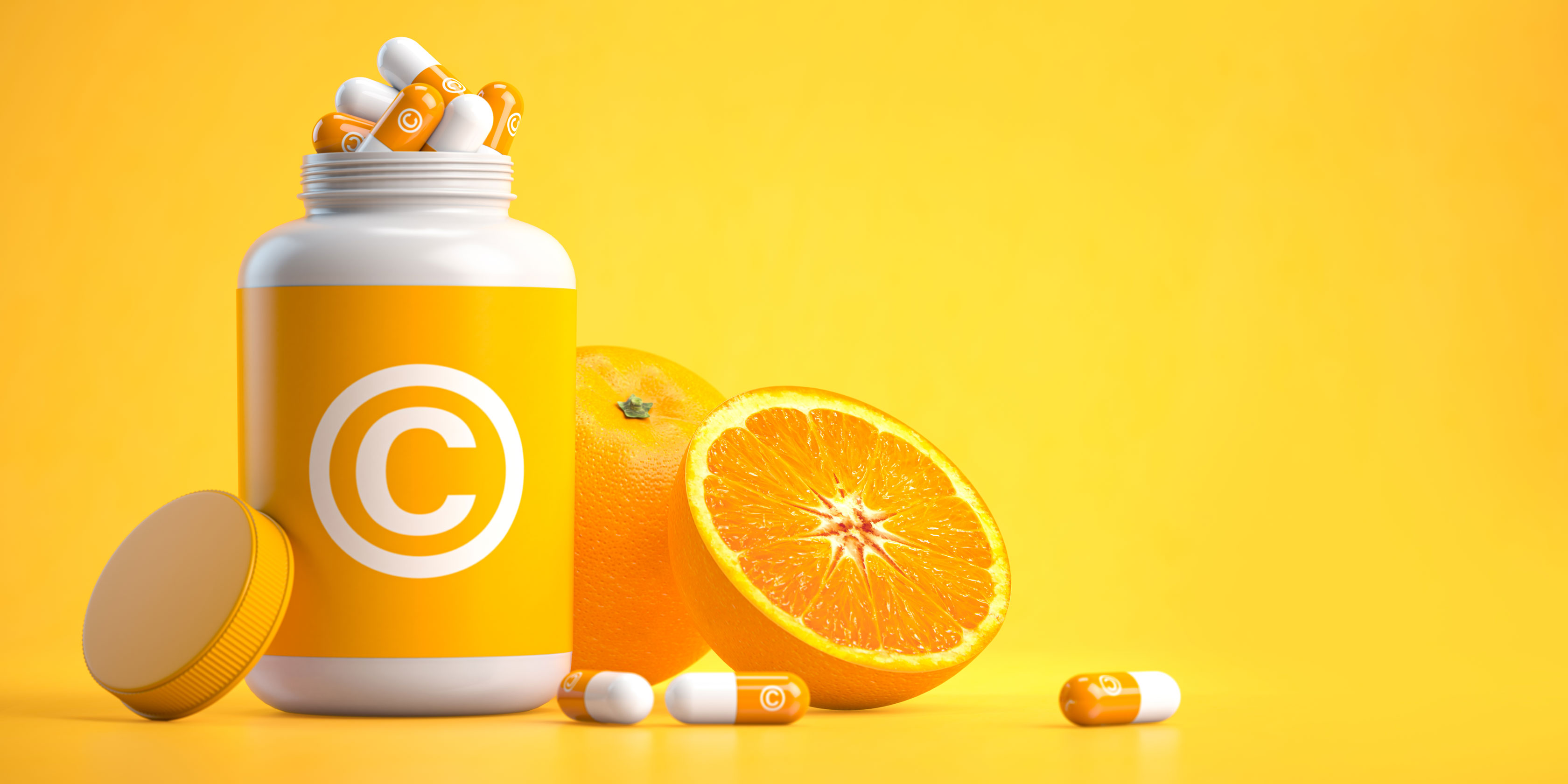 bottle with vitamine c capsules and orange on yell 2023 04 26 04 03 56 utc